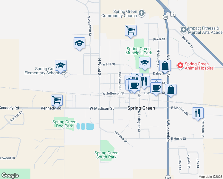 map of restaurants, bars, coffee shops, grocery stores, and more near 342 West Monroe Street in Spring Green