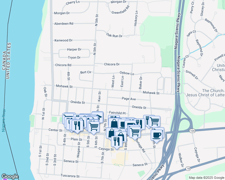 map of restaurants, bars, coffee shops, grocery stores, and more near 691 Mohawk Street in Lewiston