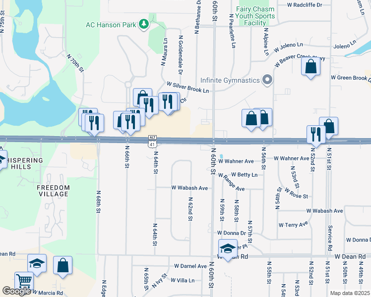 map of restaurants, bars, coffee shops, grocery stores, and more near 6201 Service Road in Brown Deer
