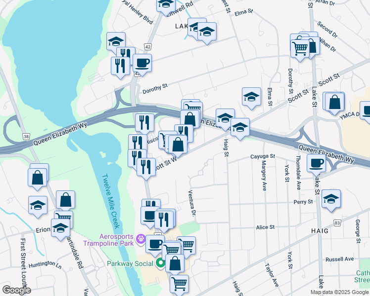 map of restaurants, bars, coffee shops, grocery stores, and more near 3 Hiscott Street in St. Catharines