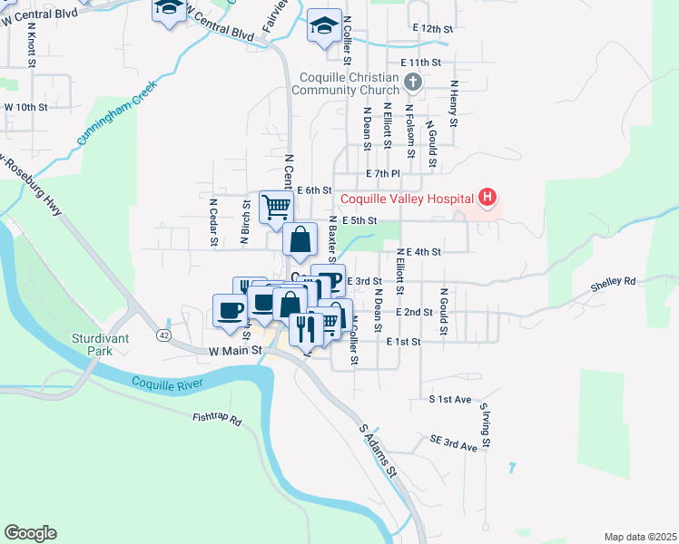 map of restaurants, bars, coffee shops, grocery stores, and more near 210 East 3rd Street in Coquille