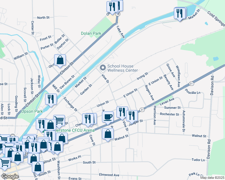 map of restaurants, bars, coffee shops, grocery stores, and more near 17 Irving Street in Lockport