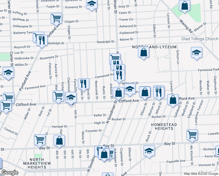 map of restaurants, bars, coffee shops, grocery stores, and more near 75 Arbutus Street in Rochester