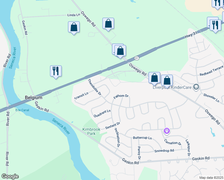 map of restaurants, bars, coffee shops, grocery stores, and more near 8450 Bubbling Springs Drive in Baldwinsville