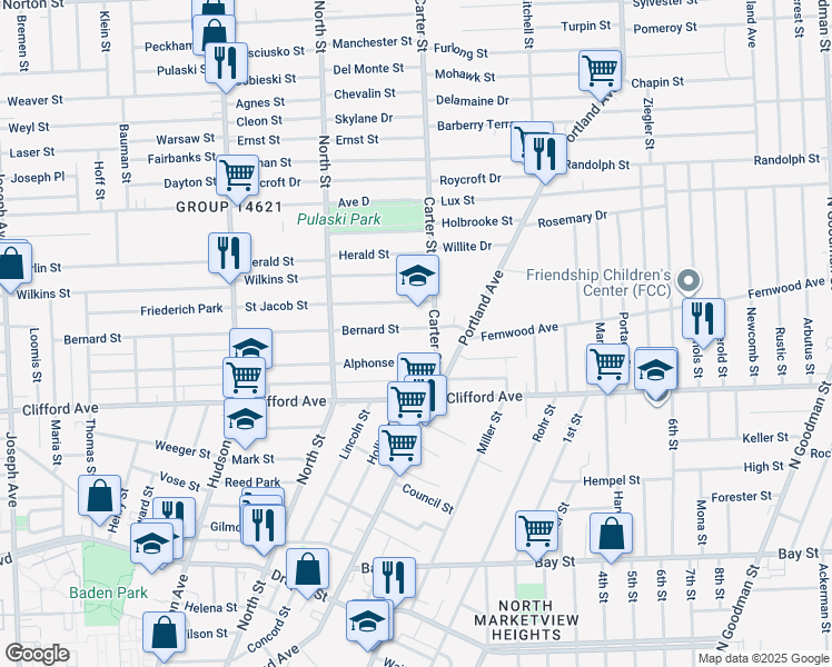 map of restaurants, bars, coffee shops, grocery stores, and more near 495 Bernard Street in Rochester
