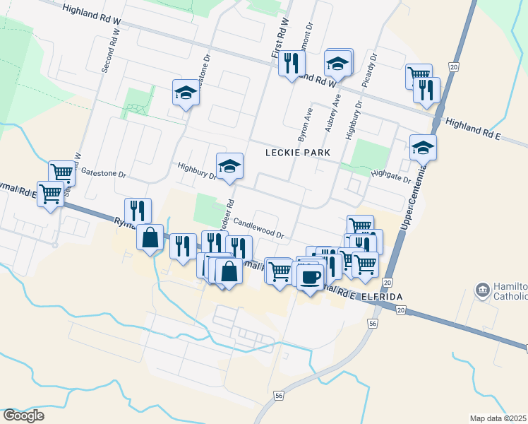 map of restaurants, bars, coffee shops, grocery stores, and more near Featherwood Cres in Hamilton