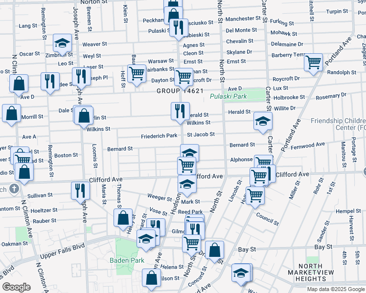 map of restaurants, bars, coffee shops, grocery stores, and more near Hudson Avenue & Bernard Street in Rochester