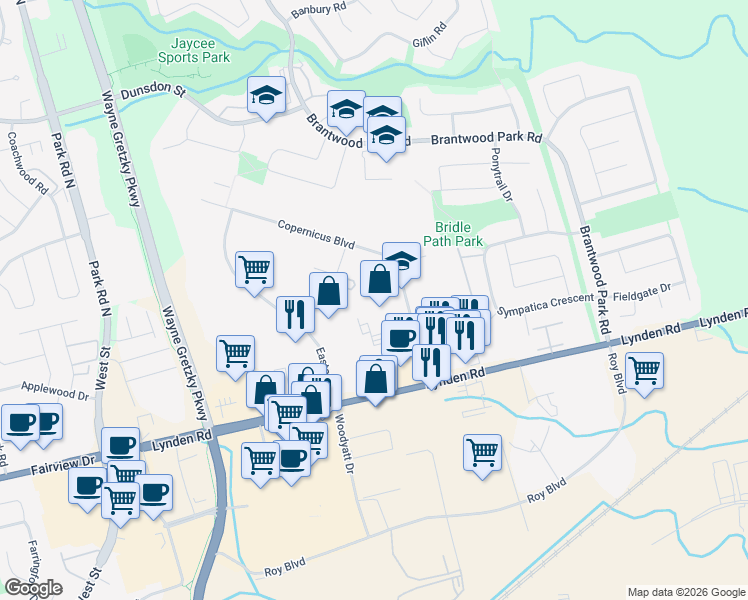 map of restaurants, bars, coffee shops, grocery stores, and more near 49 Dalkeith Drive in Brantford