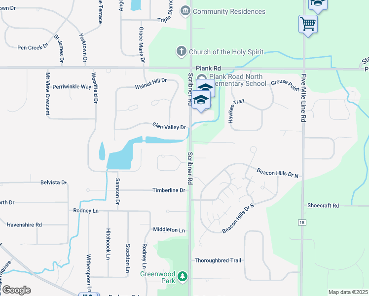 map of restaurants, bars, coffee shops, grocery stores, and more near 1421 Scribner Road in Penfield