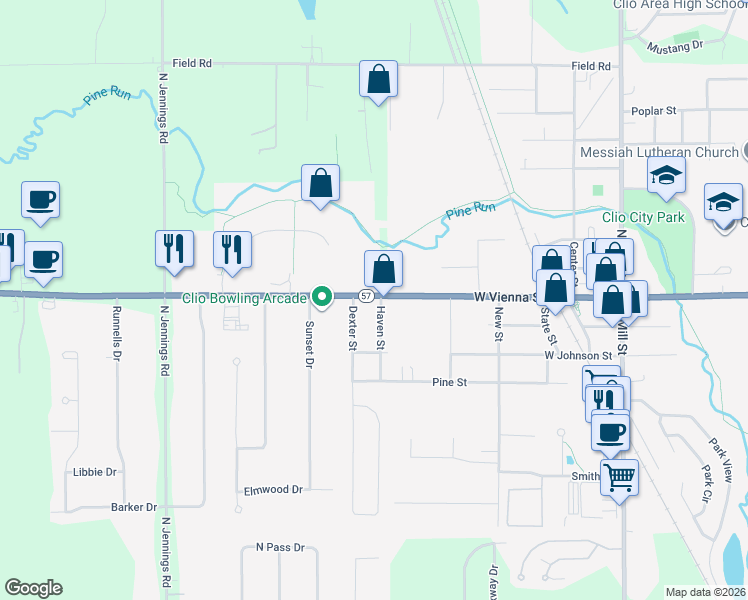 map of restaurants, bars, coffee shops, grocery stores, and more near 3281 West Vienna Road in Clio