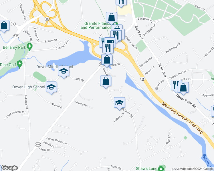 map of restaurants, bars, coffee shops, grocery stores, and more near 15 Back River Road in Dover