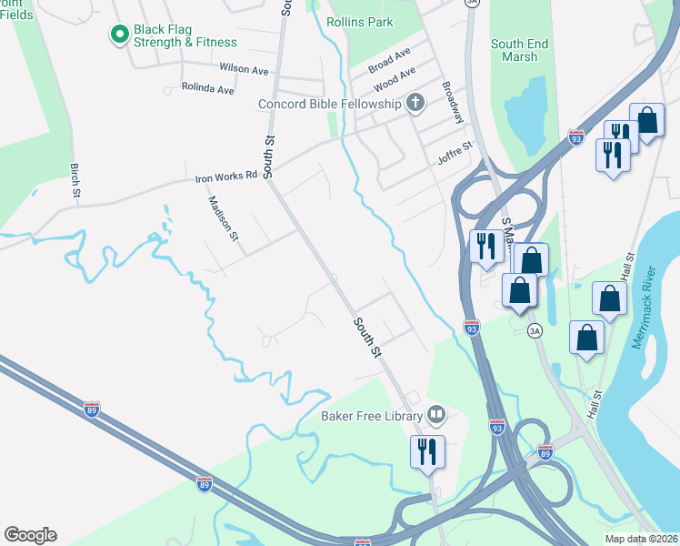 map of restaurants, bars, coffee shops, grocery stores, and more near 289 South Street in Concord