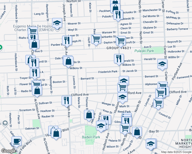 map of restaurants, bars, coffee shops, grocery stores, and more near 126 Bernard Street in Rochester