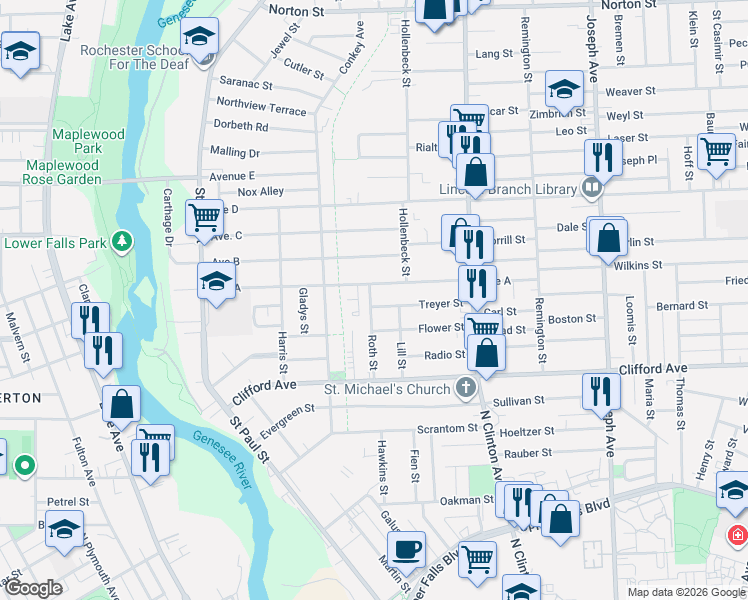 map of restaurants, bars, coffee shops, grocery stores, and more near 255 Avenue A in Rochester