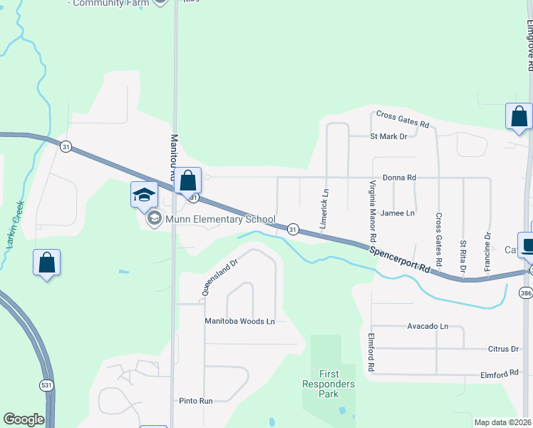 map of restaurants, bars, coffee shops, grocery stores, and more near 3 Karen Drive in Rochester