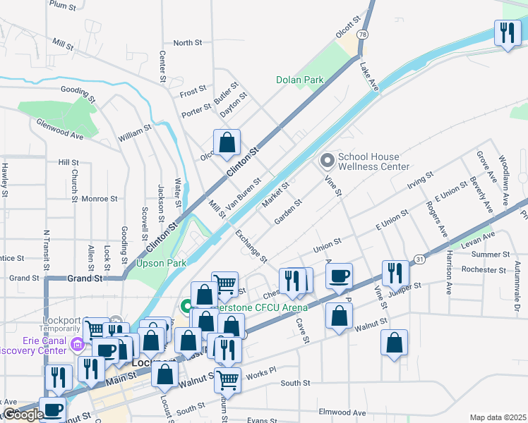 map of restaurants, bars, coffee shops, grocery stores, and more near 319 Market Street in Lockport