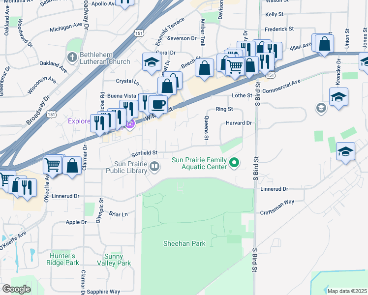 map of restaurants, bars, coffee shops, grocery stores, and more near 321 Shane Court in Sun Prairie