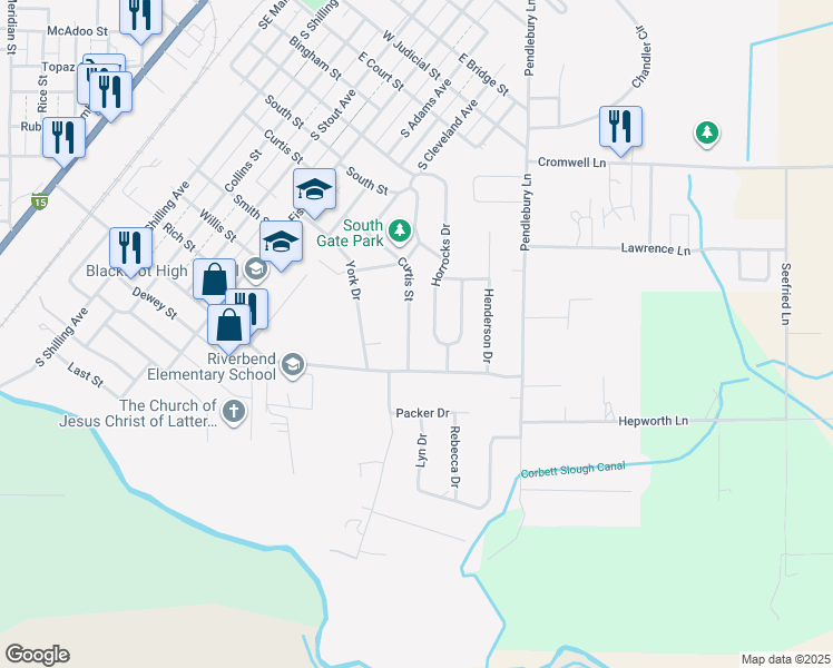 map of restaurants, bars, coffee shops, grocery stores, and more near 701-925 Curtis St in Blackfoot