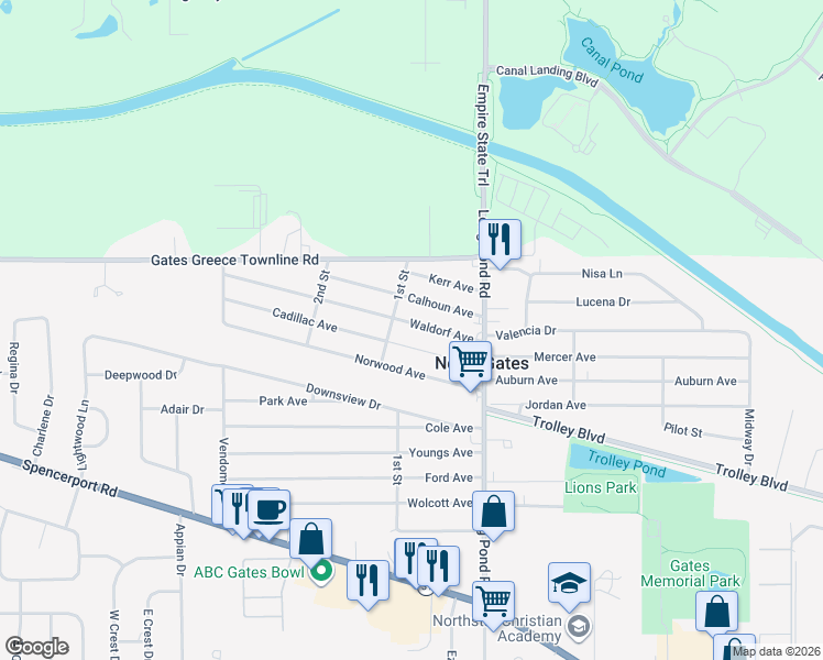 map of restaurants, bars, coffee shops, grocery stores, and more near 91 Waldorf Ave in Rochester