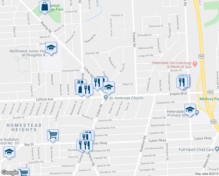 map of restaurants, bars, coffee shops, grocery stores, and more near 7 Gilbert Drive in Rochester