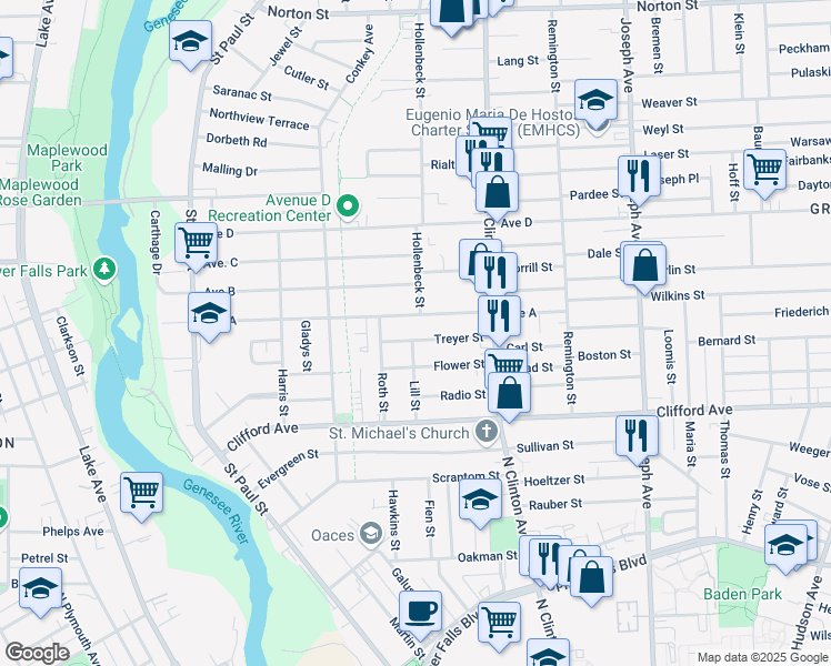 map of restaurants, bars, coffee shops, grocery stores, and more near 307 Avenue A in Rochester