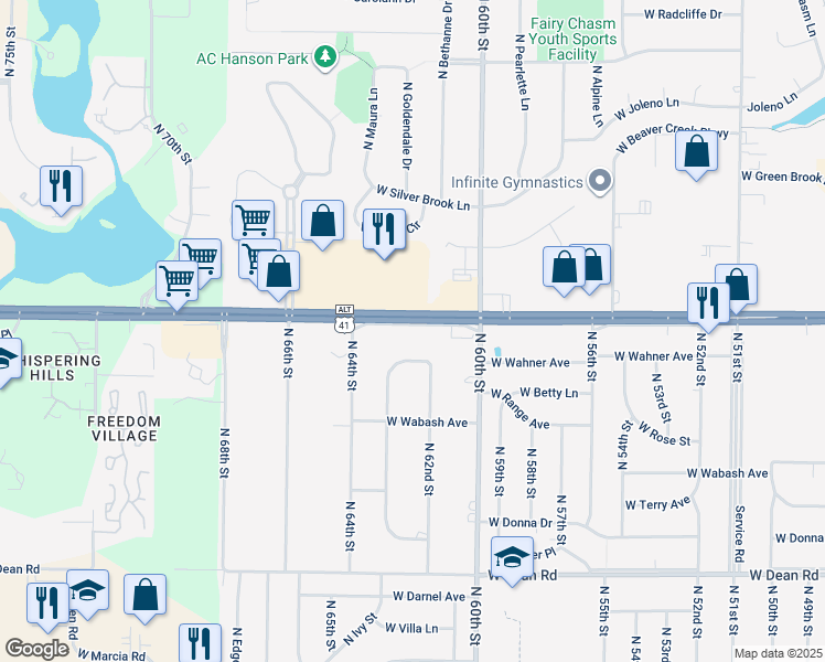 map of restaurants, bars, coffee shops, grocery stores, and more near 6201 Service Road in Brown Deer