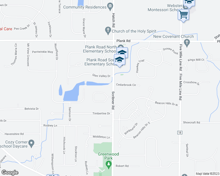 map of restaurants, bars, coffee shops, grocery stores, and more near 1421 Scribner Road in Penfield