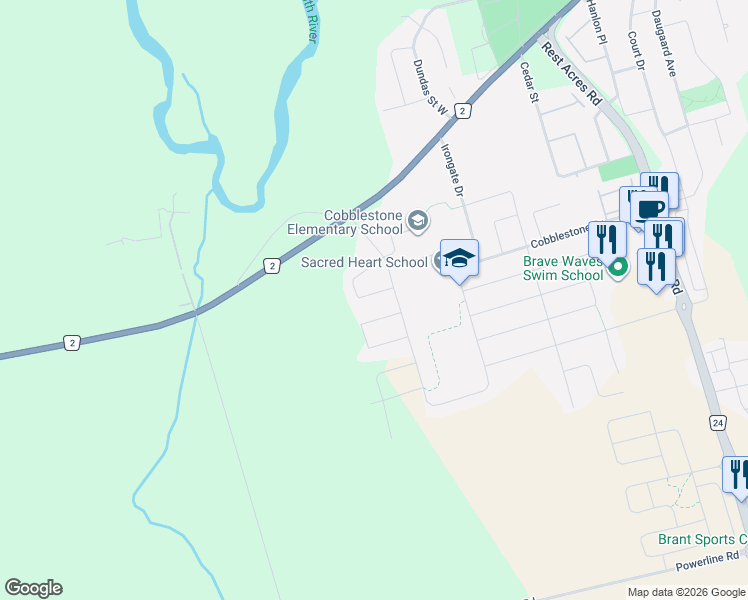 map of restaurants, bars, coffee shops, grocery stores, and more near 2 Gibbons Rd in Brant