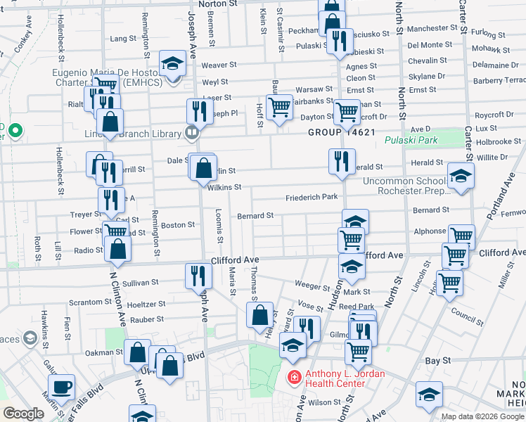 map of restaurants, bars, coffee shops, grocery stores, and more near 72 Bernard Street in Rochester