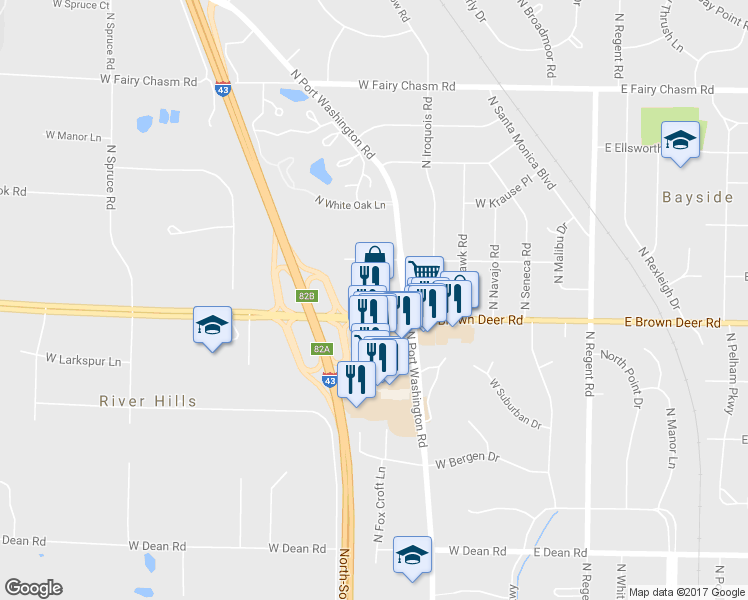 map of restaurants, bars, coffee shops, grocery stores, and more near 500 West Brown Deer Road in Bayside