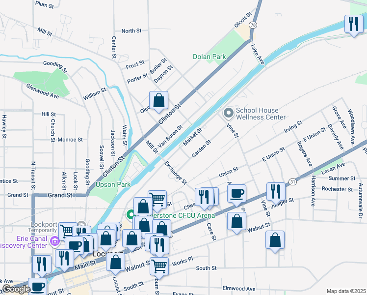map of restaurants, bars, coffee shops, grocery stores, and more near 319 Market Street in Lockport