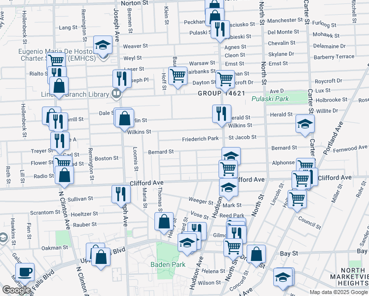 map of restaurants, bars, coffee shops, grocery stores, and more near 126 Bernard Street in Rochester