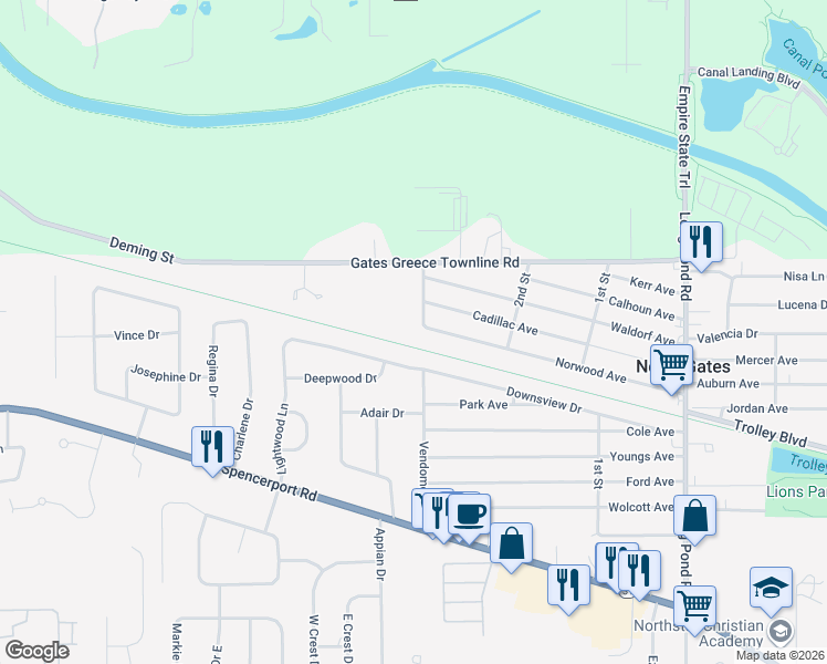 map of restaurants, bars, coffee shops, grocery stores, and more near 89 Vendome Drive North in Rochester
