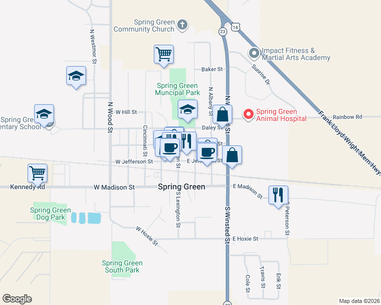 map of restaurants, bars, coffee shops, grocery stores, and more near 120/132 North Worcester Street in Spring Green