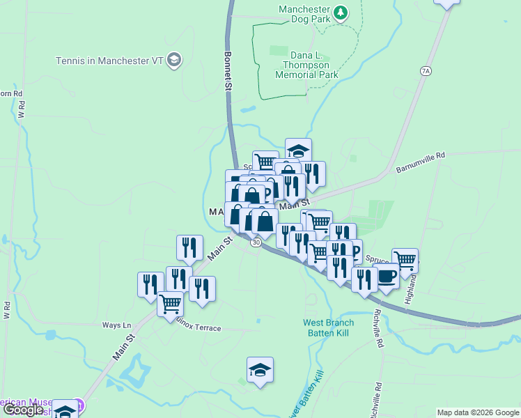 map of restaurants, bars, coffee shops, grocery stores, and more near 4931 Main Street in Bennington County