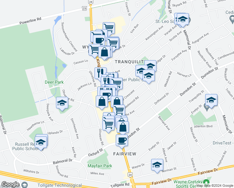 map of restaurants, bars, coffee shops, grocery stores, and more near 240 King George Road in Brantford