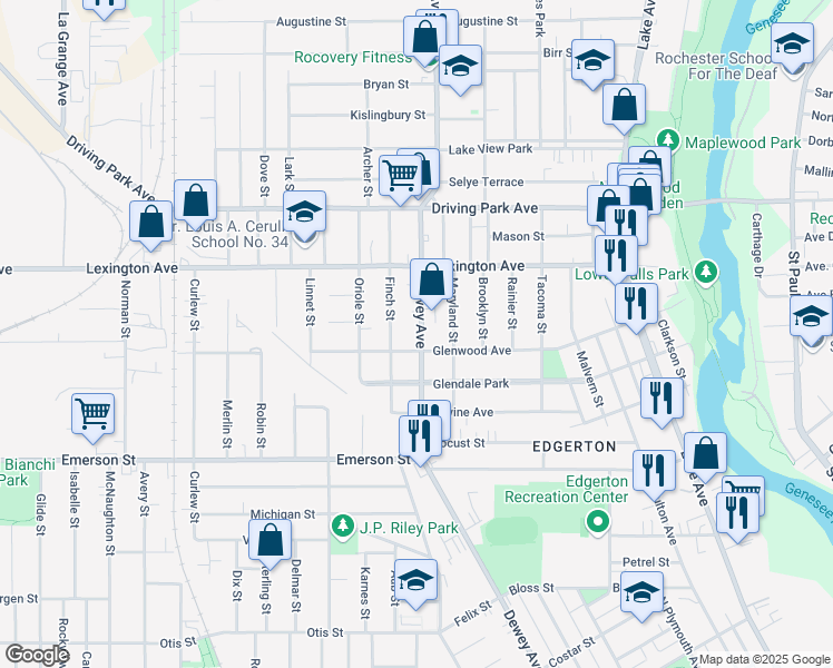 map of restaurants, bars, coffee shops, grocery stores, and more near 675 Dewey Avenue in Rochester