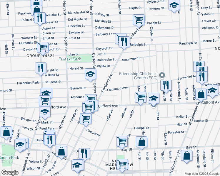 map of restaurants, bars, coffee shops, grocery stores, and more near 40 Fernwood Avenue in Rochester