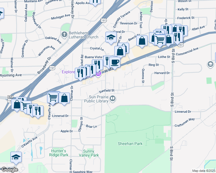 map of restaurants, bars, coffee shops, grocery stores, and more near 349 South Walker Way in Sun Prairie