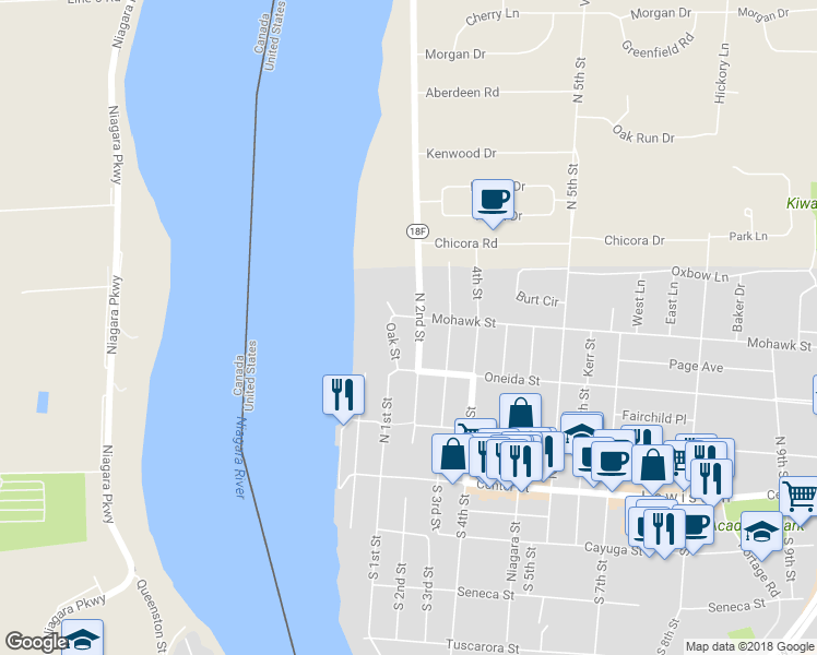 map of restaurants, bars, coffee shops, grocery stores, and more near 125 Mohawk Street in Lewiston
