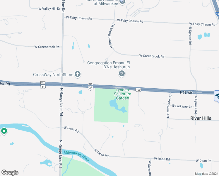 map of restaurants, bars, coffee shops, grocery stores, and more near 2145 West Brown Deer Road in River Hills