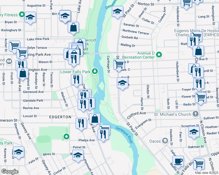map of restaurants, bars, coffee shops, grocery stores, and more near 22 Avenue A in Rochester