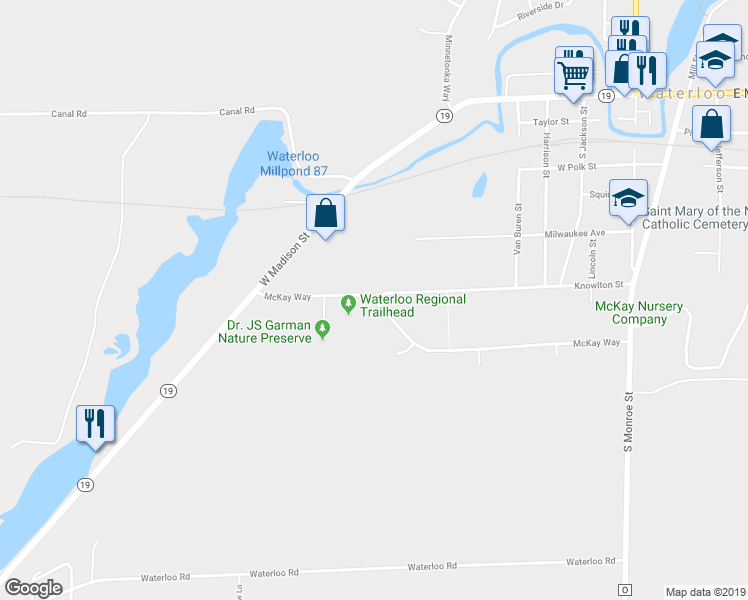 map of restaurants, bars, coffee shops, grocery stores, and more near 627 McKay Way in Waterloo