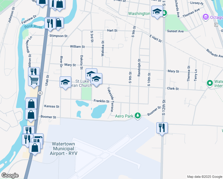 map of restaurants, bars, coffee shops, grocery stores, and more near 1505 Lakeside Terrace in Watertown