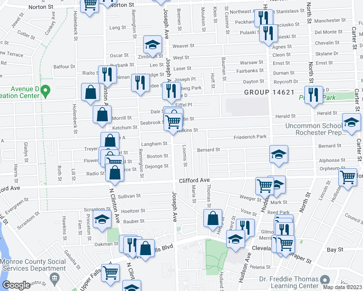 map of restaurants, bars, coffee shops, grocery stores, and more near 49 Loomis Street in Rochester