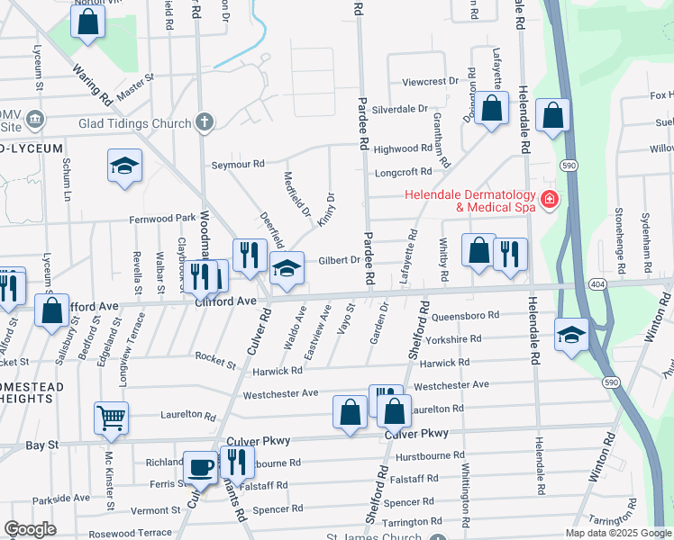 map of restaurants, bars, coffee shops, grocery stores, and more near 87 Gilbert Drive in Irondequoit