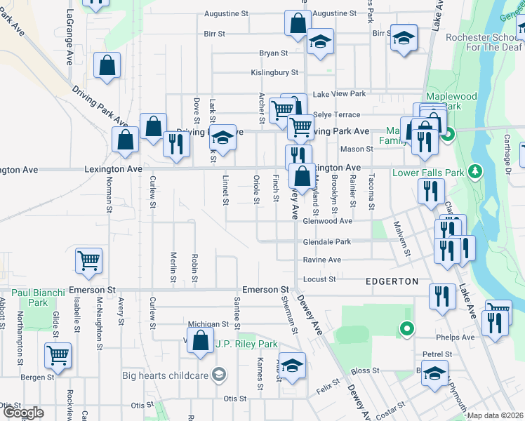 map of restaurants, bars, coffee shops, grocery stores, and more near 76 Oriole Street in Rochester