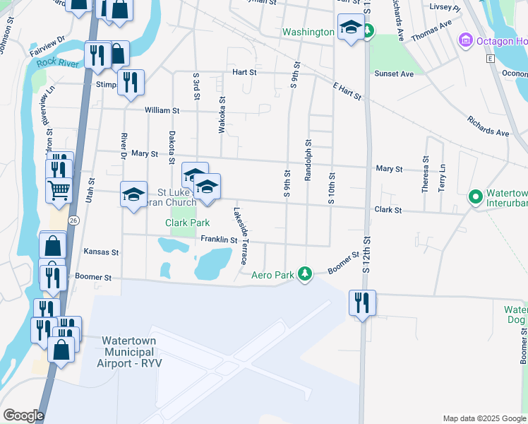 map of restaurants, bars, coffee shops, grocery stores, and more near 1505 Lakeside Terrace in Watertown