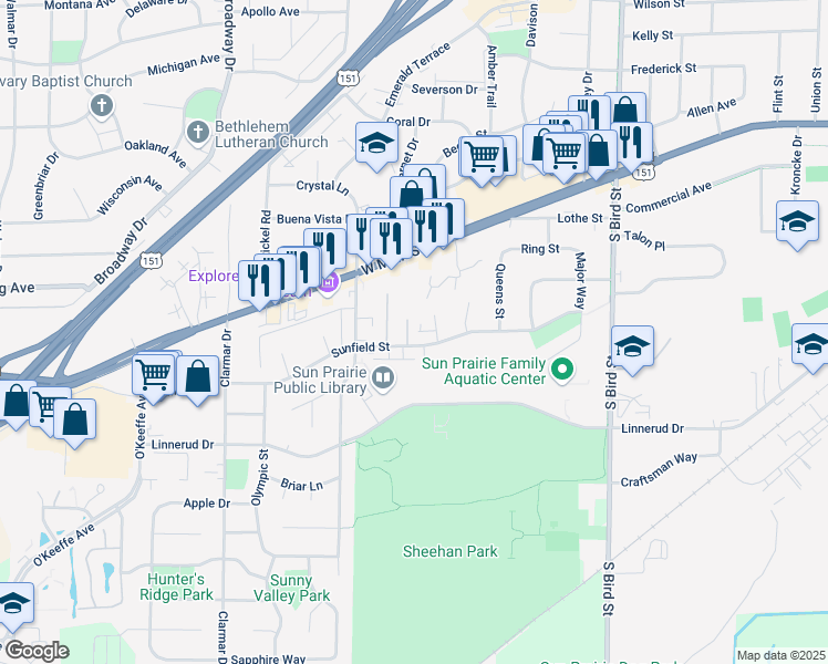 map of restaurants, bars, coffee shops, grocery stores, and more near 1352 Sunfield Street in Sun Prairie