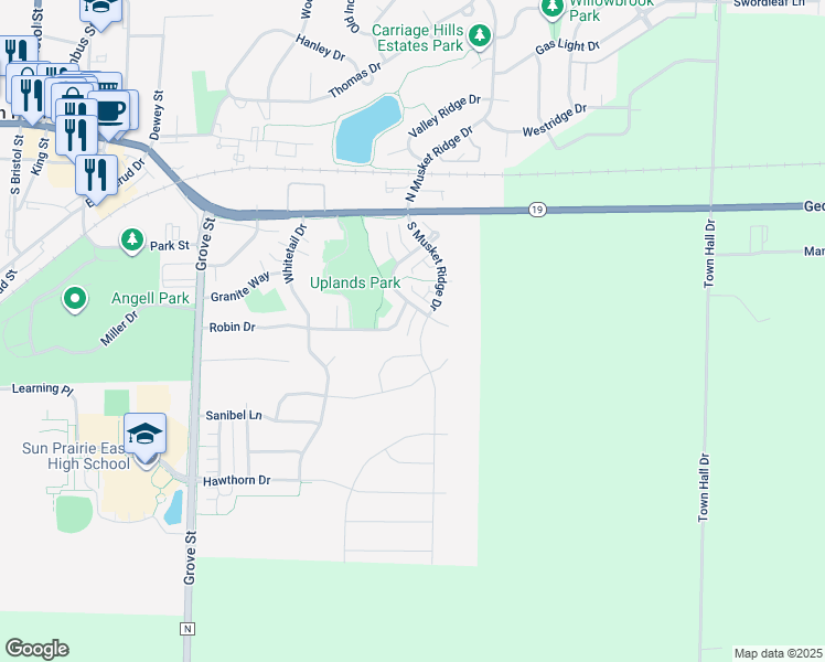 map of restaurants, bars, coffee shops, grocery stores, and more near 314 South Musket Ridge Drive in Sun Prairie